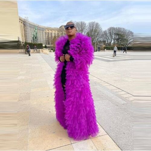 Fashion Long Tulle Coat Long Sleeves Custom Made Plus Size Extra Puffy Reffules Purples Tulle Photo Shoot Over Outfits