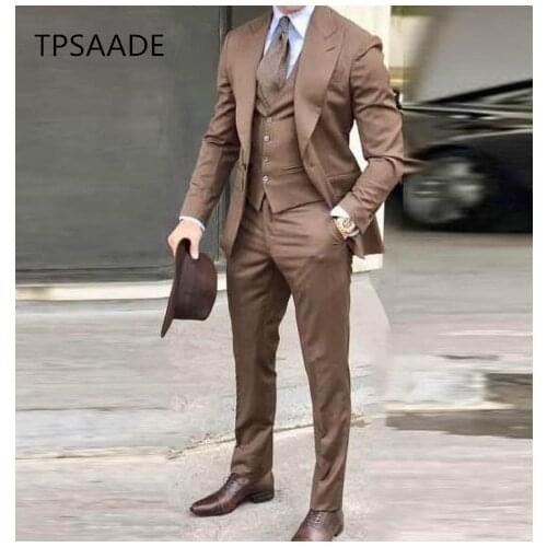 Mens suit Groom Tuxedos Brown Prom Wedding Men Suit Slim Fit Cotton Blend Formal Suit For Men Slim Fit 3pcs(Jacket+Pants+Vest)