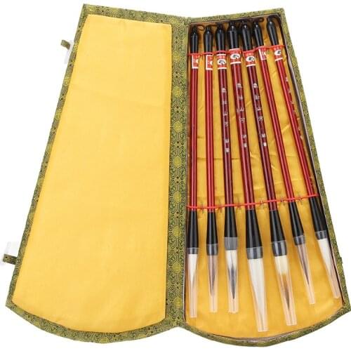 7PCS Brown White Weasel Pony Wool Hair Chinese Japanese Calligraphy Brush Pen Set Art for School Darwing Supplies + Storage Box
