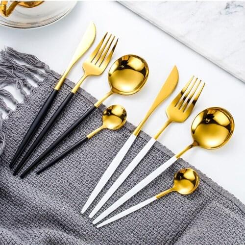 24pcs Gold Dinnerware Set 18/10 Stainless Steel Tableware Set Knife Fork Spoon Flatware Set Dishwasher Safe Cutlery Set Gift Box