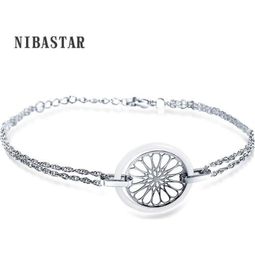 New White Black Flower Ceramic Bracelet Stainless Steel Hollow Circle Charm Bracelet For Women