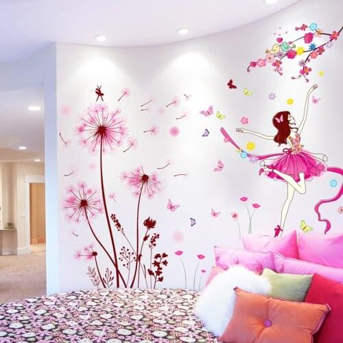 [shijuekongjian] Pink Dandelions Flowers Wall Stickers DIY Caroon Girl Wall Decals for Living Room Kids Bedroom Home Decoration