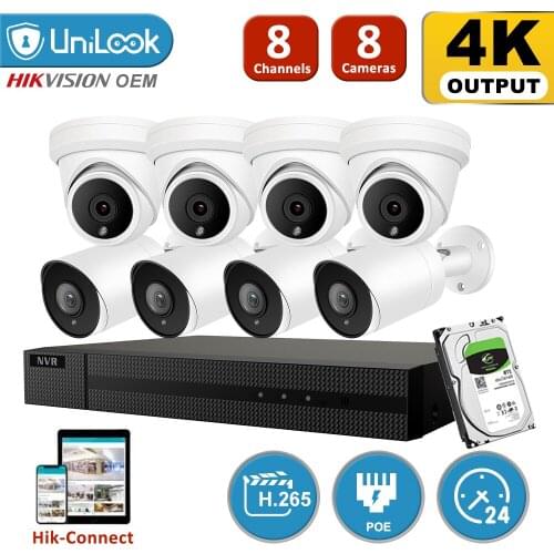 UniLook 8CH NVR 8Pcs 8MP Bullet Turrt Mixed POE IP Camera NVR Kit Security System Night Vision Motion Detection Onvif H.265 P2P