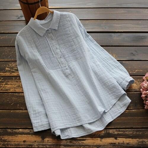 Women Cotton Blouse Elegant Pleated Tops Casual Long Sleeve Shirts Female Button Down Plus Size Tunic Tops 2020