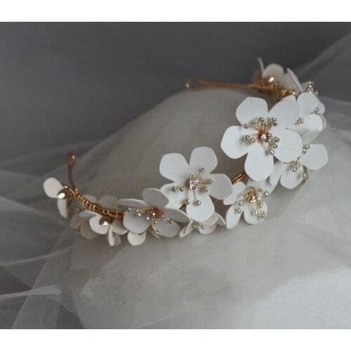 Handmade Leather Flower Bridal Hair Crown Pearls Women Tiara Fashion Wedding Prom Hairband Hair Piece