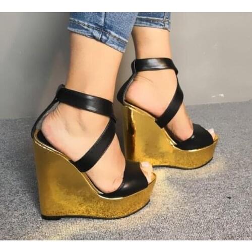 Moraima Snc Summer Newest Open Toe Wedge Sandal Gold Colors Platform Shoe Sexy Cutouts Gladiator Shoes Black Leather Runway Shoe