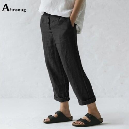 Aimsnug Plus Size 3xl Women Cotton Linen Pants Solid 2021 New Summer Loose Trousers Casual Drawstring Pantalon Wide Leg Pants