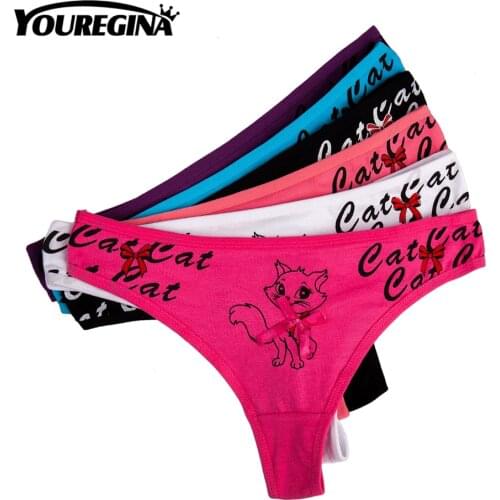 YOUREGINA Women Sexy Thongs G-strings Cotton Panties Underwear Cute Panties Lingerie Panty Ladies 6pcs/lot Print Cat Bow M L XL
