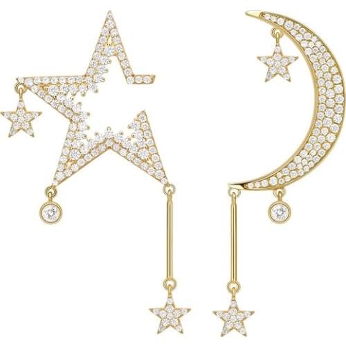 Womens Fashion18K Plated Asymmetric Star Moon CZ Earring stud