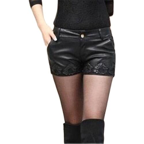Woman Plus Size Spring Autumn Mid Zip Embroidery Slim Pu Short Lady Winter Oversized Lace Splice Waterproof Pu Shorts Skirts
