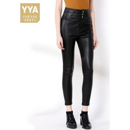 2021 High Waist Single Breasted Genuine Leather Pants Women High Street Black Elastic Skinny Push Up Bikers Pencil Pants Female