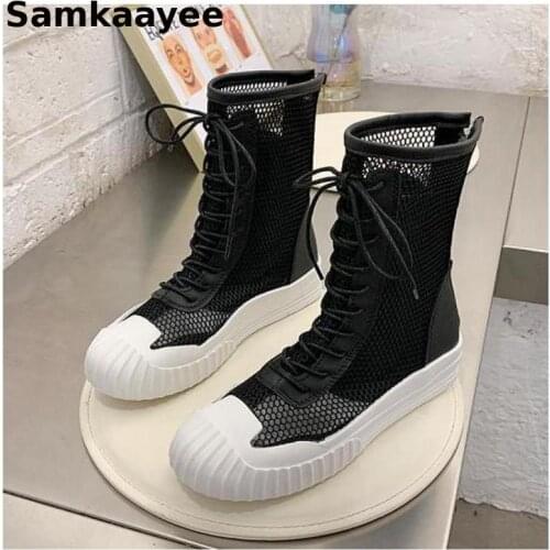Size 35-39 Womens Boots Summer Female Mesh Martin Botas Lace-Up Flats Shoes Mujer Round Toe Breathable Motorcycle Zapatillas Y60