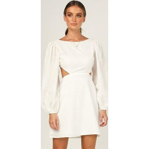 Ardm Elegant женское платье Spring Summer 2021 White Slim Hollow Out Mini Dress Lantern Sleeve Backless Lace Up Ladies Vestido