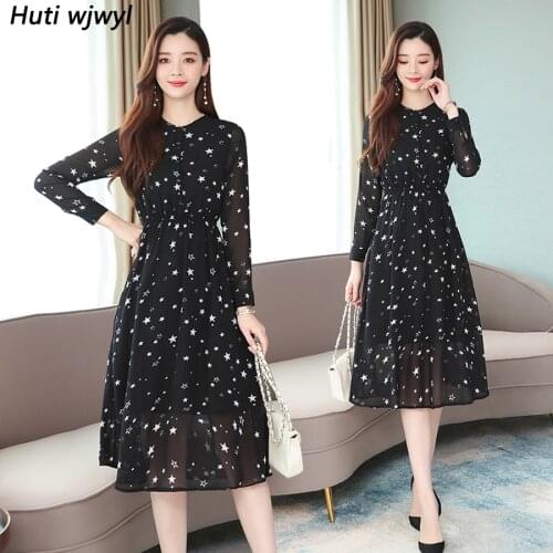 2021 Femal Vintage Casual Chiffon Boho Midi Dresses Autumn Winter Black Long Sleeve Dress Elegant Women Bodycon Party Vestidos