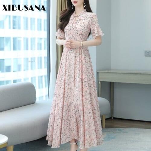 Women Elegant Bow Stand Collar Floral Printed Chiffon Dress Summer Holiday Bohemian Beach Dresses Female Plus Size 4XL Vestidos