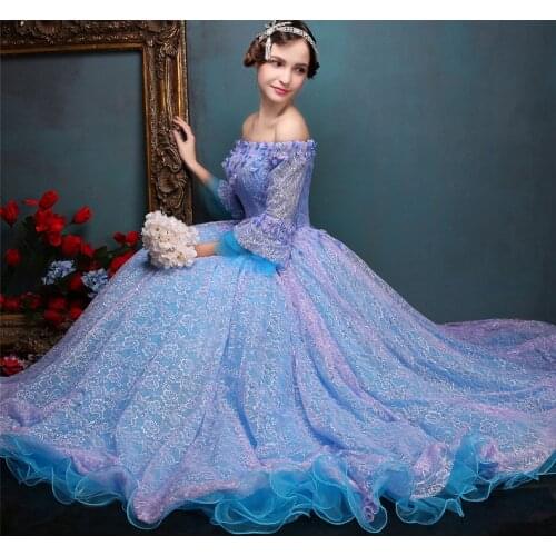 100%real royal full lace flowers slash collar ball gown medieval dress princess Renaissance Gown queen Victoria dress/Belle Ball