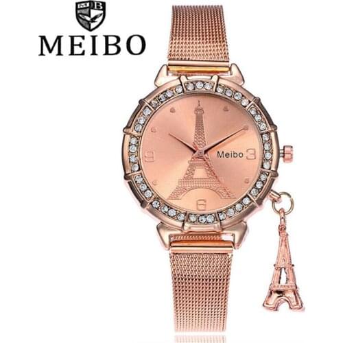 3 COLOR Fashion Silver Gold Mesh Band Eiffel Tower Watches Casual Women Metal Stainless Steel Tower Pendant Quartz Watches