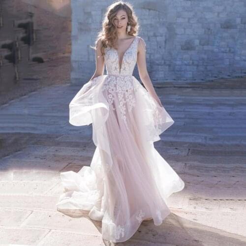 Eightree V-neck Pink Wedding Dresses Elegant Tulle Backless Applique A-Line Bridal Sleeveless Wedding Evening Gowns Custom Size