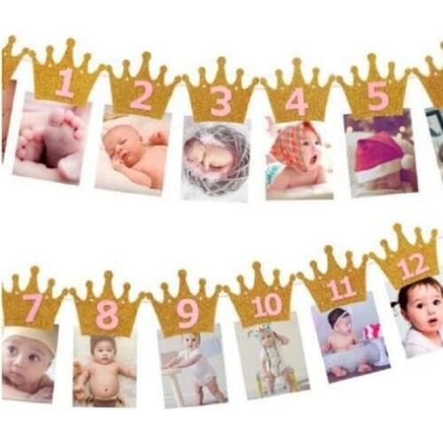 Golden/slivery crown Party Flag 1st first Birthday Pennant bell garland Banner Bunting for Decoration DIY favor Wh