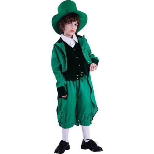 Cool Leprechaun Halloween Carnival Mardi Gras Cosplay Costume For Kid Patrick day Elf Green Swallow-tailed Coat Performance Boys