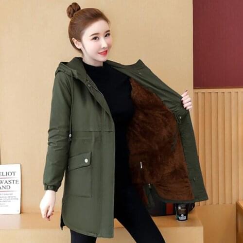 Fashion Womens Cotton Coat Mid-Long Winter Casual Jacket Loose Plus Velvet Drawstring Zipper Hooded Warm Overcoat Parkas K1035