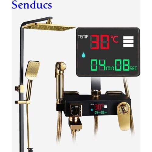 Bathroom Shower Set Luxury Black Gold Digital Shower System Brass Bathtub Mixer Faucets Rainfall Thermostatic Shower Mixer Set