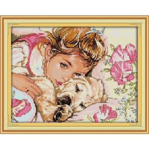 The girl and dag cross stitch kit people 18ct 14ct 11ct count print canvas stitches embroidery DIY handmade needlework