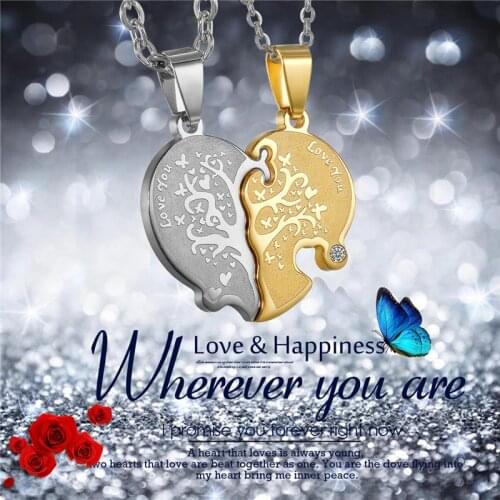 BONISKISS Lovers' Necklaces 2pc Valentines Day Heart Pattern Life Tree Pendant Necklace Couples Charm Jewelry Customize Gifts