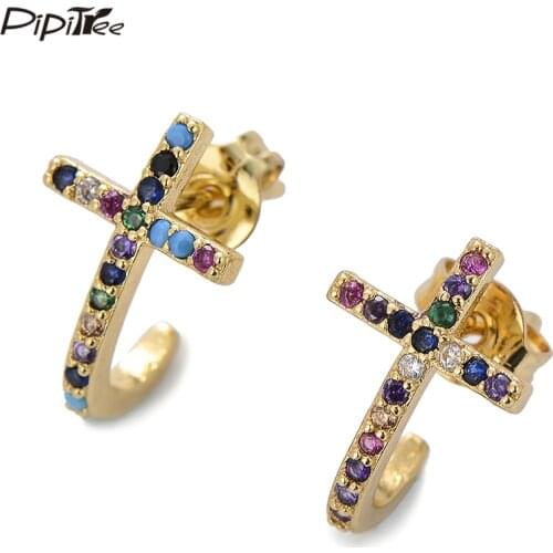 Pipitree Fashion Cross Earrings Letter T Shape Multicolor Cubic Zirconia Crystal Loop Earrings for Women Girls Religion Gift