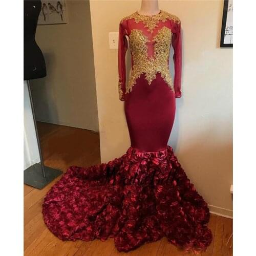 African Black Girls Burgundy Mermaid Prom Dresses 2019 Sexy Sheer Long Sleeve Gold Lace Women Party Gowns With 3D Flowers Train