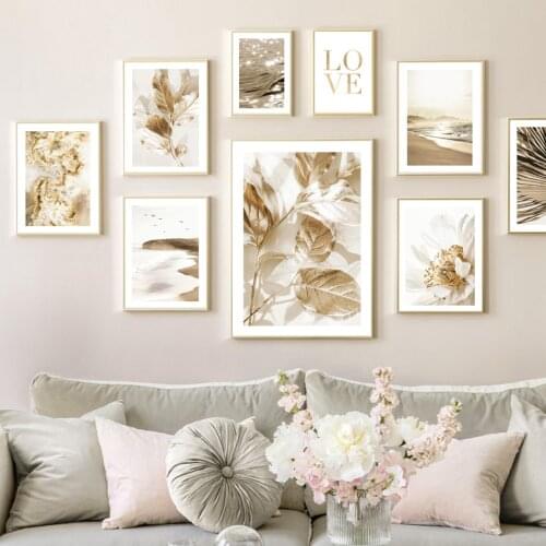 Nordic Poster Golden Swirl Peony Beach Sea Dry Palm Leaves Wall Art Print Canvas Painting Wall Pictures For Living Room Decor