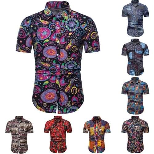 Plus Size M-5XL Casual Hawaiian Shirts Men Floral Geometric Print Mens Shirts Short Sleeve Turn Down Collar Slim Men Shirts Top