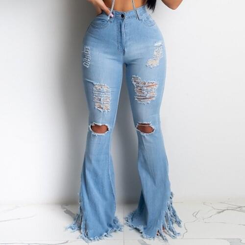 Sexy Denim Ripped Jeans Women Flared Pants Knee Cut Hole Destroyed Slim Boot Cut Trousers Wide Leg Bell Bottom Fashion Club