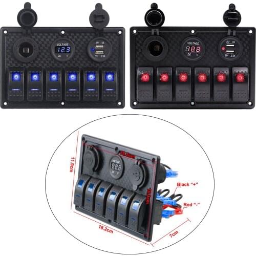 LED 6 Gang Rocker Switch Panel IP68 DC12/24V Dual USB Port Power Socket Wiring For Boat Car Trailer Truck SUV RV Camper Yacht