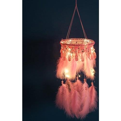 Led light Handmade Dream Catcher with Feathers Hanging Decoration Craft Gift Pink Room Decor adesivos para parede Dreamcatcher