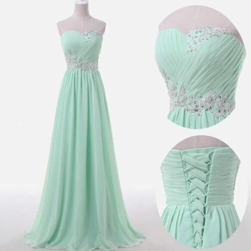 A-Line Long Beaded Mint Green Prom Dresses with Pockets Floor Length Chiffon Sweetheart k Abendkleid Robes de Soirée for Women