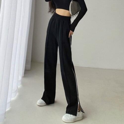 TVVOVVIN Fashion Floor Length Straight Tube Split Striped Guard Pants Women Loose Wide Leg Leisure Running Sports Pants DZX8