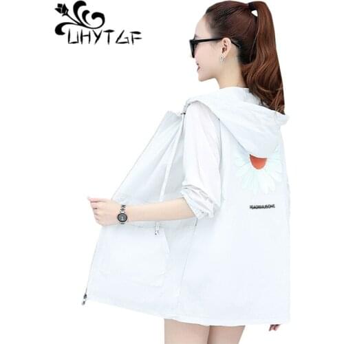 UHYTGF Sun protection clothing women fashion hooded Anti-UV breathable summer tops coat Korean loose thin jacket plus size 1566