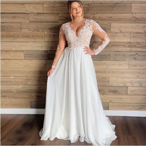 Vintage Wedding Dress 2021 A-Line V-Neck Long Sleeve Button Lace Appliques Sequined Sweep Train Bride Gown Vestidos De Noiva