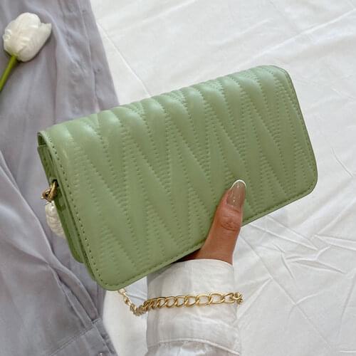 High Quality Pu Leather Shoulder Bags For Women Designer Simple Chain Square Handbags Retro Pleated Small Crossbody Bag