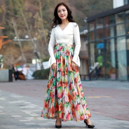 Summer Bohemian Long Skirt Chiffon Vintage Faldas Largas Elegant Print Saia Longa Ladies Casual Maxi Skirts Plus Size Clothes