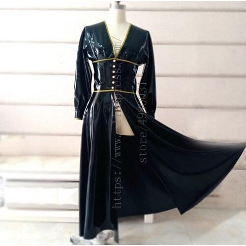 Vintage style womens black long latex dress with gold trims decorations what is made of 0.4mm natural & flexible latex