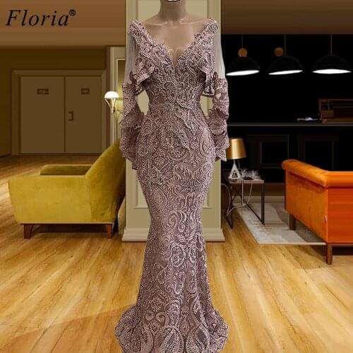 Plus Size Muslim Evening Dresses Long Sleeves Pearls Evening Gowns Formal Women Wedding Party Dresses Mermaid Robe De Soiree