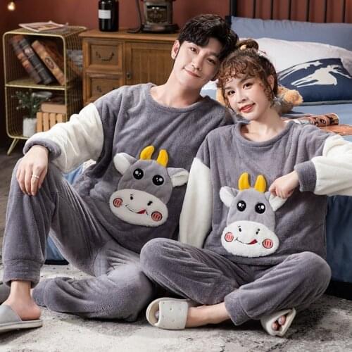 2020 Winter Couple Long Sleeve Thick Warm Flannel Pajama Sets For Women Cute Cartoon Coral Velvet Sleepwear Men Homewear Clothes
