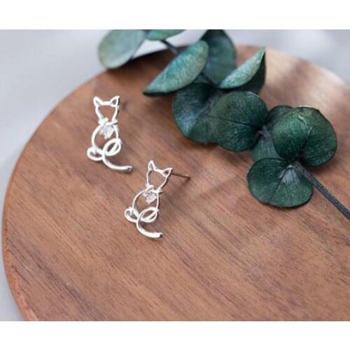 100% Real. 925 Sterling Silver Fine Jewelry Hollow Open Cat Kitten Stud earrings white Zirconia AAA GTLE1729