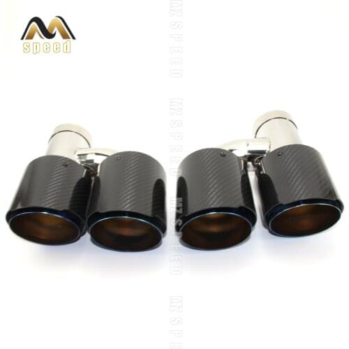 Car accessories 304 stainless steel blue and bright carbon fiber h-type double outlet straight edge exhaust pipe tailpipe