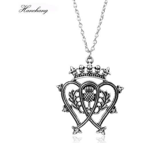 HANCHANG New Design Jewelry Scotland thistle Bouquet Heart Leaf Scottish Crown Pendant Necklace for Women Accessory Female Gift