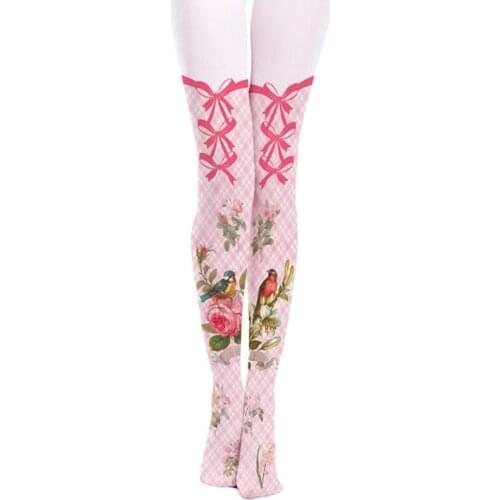 Plaid Flowers And Birds Bow Tie Printed Pantyhose