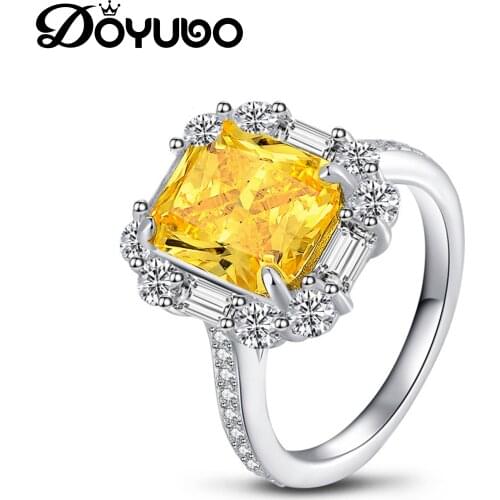 DOYUBO Womens Luxury Pure Silver Squre Yellow Sona Diamond Wedding Bands Lady Sterling Silver Engagement Ring Jewelry VB436