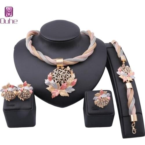 African Dubai Gold color Leaves Crystal Jewelry sets For women Bridal party Necklace Earrings Ring Bracelet Jewelry Set